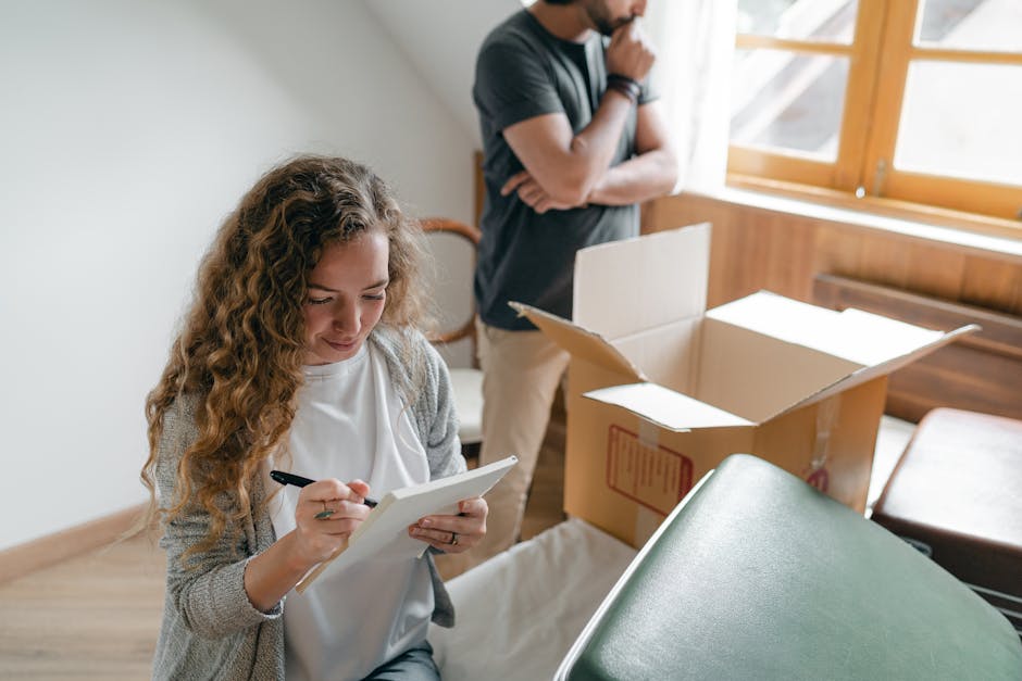 A man and a woman sit on the floor of a room with a sloped ceiling and wooden accents, surrounded by cardboard boxes, a cardboard moving box marked with an orange letter 'H', and a partially opened gr